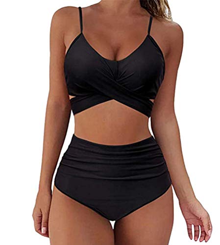 Onsoyours Damen Bikini Set Retro Push Up Zweiteilige Sexy Neckholder Bademode Badeanzug Strandkleidung Oberteil High Waist Wickel Bikinihose Sport Swimwear A Schwarz XS von Onsoyours