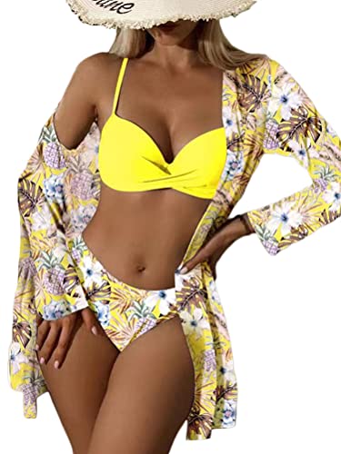 Onsoyours Damen Bikini Set Sexy Dreiteiliger Badeanzug Drucke Kordelzug Strandbekleidung Bademode 3 Stück Strandbekleidung Set B13 Gelb M von Onsoyours