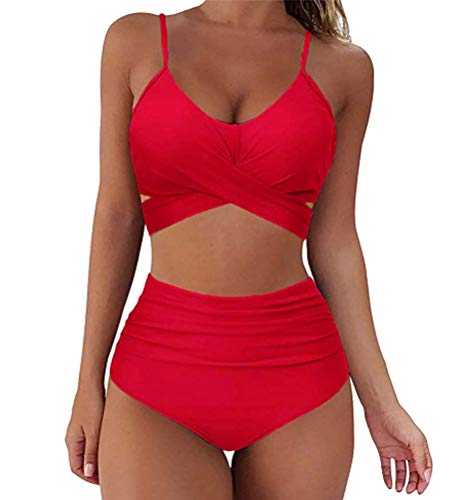 Onsoyours Damen Bikini Set Triangel Breites Unterbrustband Gerippte Bademode Zweiteiliger Badeanzug A Rot XL von Onsoyours