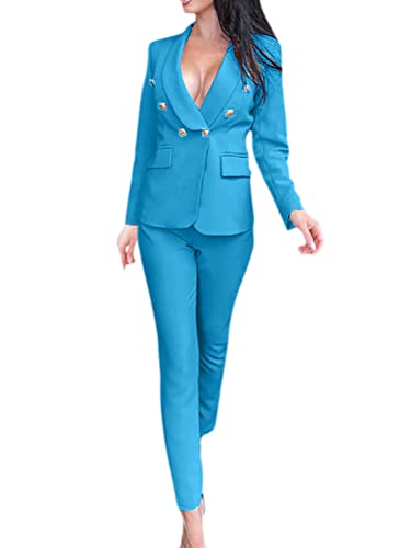 Onsoyours Damen Blazer Anzug Set Hosenanzug Elegant Business Hose 2-teilig Anzug Karo Kariert Zweiteiler Slim Fit Sportlich Jacket Hose Arbeit Blazer Hose Set Streetwear C Blau XXL von Onsoyours