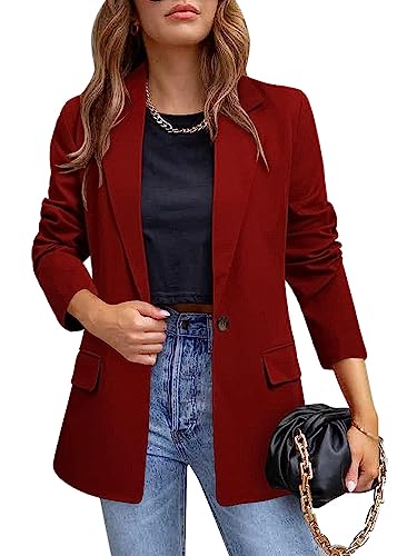 Onsoyours Damen Blazer Casual Open Front Cardigan Langarm Elegant Blazer Sakko Einfarbig Slim Fit Revers Geschäft Büro Jacke Kurz Mantel Anzüge Bolero mit Tasche A Weinrot L von Onsoyours