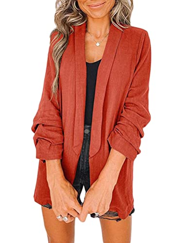 Onsoyours Damen Blazer Elegant Langarm 3/4 Ärmel Sakko Einfarbig Slim Fit Revers Geschäft Büro Jacke Mantel Outwear Ohne Knöpfe Anzüge mit Tasche A Orange L von Onsoyours