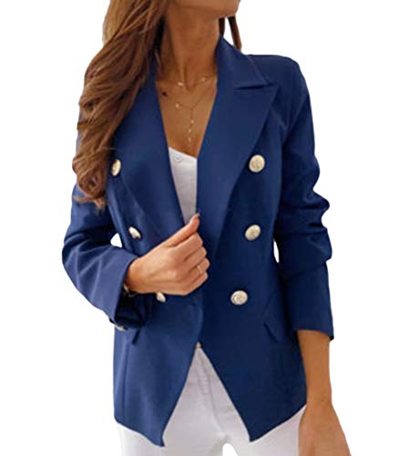 Onsoyours Damen Blazer Elegant Langarm Blazer Sakko Einfarbig Slim Fit Revers Geschäft Büro Jacke Kurz Knopfleiste Mantel Anzüge Bolero mit Tasche A Marine XXL von Onsoyours