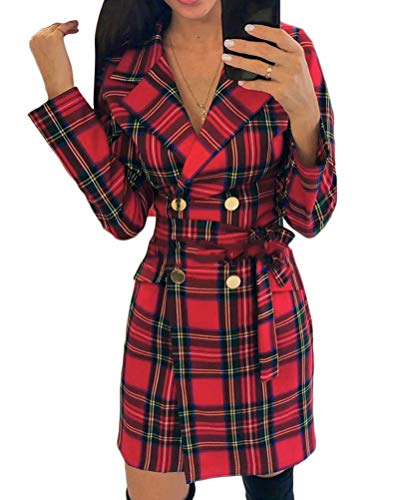 Onsoyours Damen Blazer Kleid Frauen Elegant Langarm V-Ausschnitt Zweireihig Solide Plaid Hemdkleid Business Lange Hülse Büro Jacken Knopf Anzug C Rot L von Onsoyours