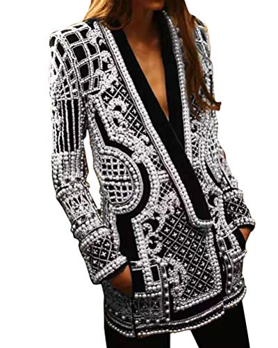 Onsoyours Damen Blazer Kleid Langarm V Ausschnitt Hemdkleid Business Lange Knopf Stickerei Dekoration Perlen Anzug Minikleider Partykleider Abendkleid A Weiß L von Onsoyours