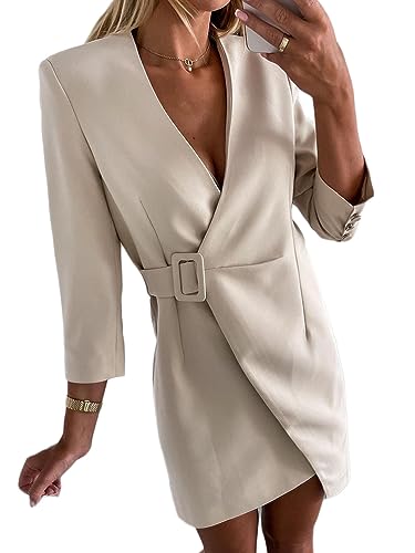 Onsoyours Damen Blazer Kleid Langarm V-Ausschnitt Hemdkleid Elegant Business Lange Anzug Spleißen Bodycon Minikleider B Beige M von Onsoyours