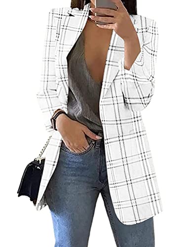 Onsoyours Damen Blazer Langer Einfarbiger Knopf Mantel Elegant Langarm Blazerjacke mit Taschen für Büro Business Casual A Weiß M von Onsoyours