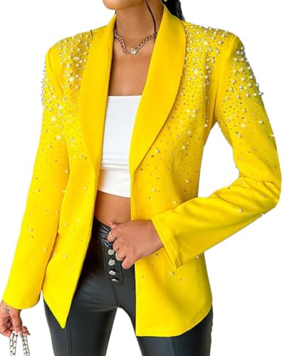 Onsoyours Damen Blazer Pailletten Cardigan Jacke Glitzer Bomberjacke Party Club Elegant Anzugjacke Glitzer Tops Oberteile Blazer Glitzer Outwear A Gelb XXL von Onsoyours