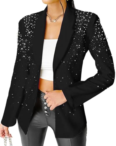 Onsoyours Damen Blazer Pailletten Cardigan Jacke Glitzer Bomberjacke Party Club Elegant Anzugjacke Glitzer Tops Oberteile Blazer Glitzer Outwear A Schwarz S von Onsoyours