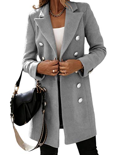 Onsoyours Damen Blazer Winter Mantel Elegant Warm Wintermantel Steppmantel Knopf Klassische Vintage Zweireihig Revers Schlack Slim Fit Trenchcoat mit Taschen Grau L von Onsoyours