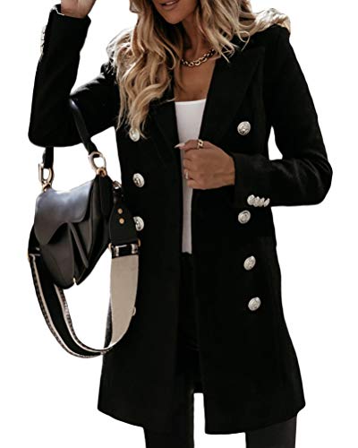 Onsoyours Damen Blazer Winter Mantel Elegant Warm Wintermantel Steppmantel Knopf Klassische Vintage Zweireihig Revers Schlack Slim Fit Trenchcoat mit Taschen Schwarz L von Onsoyours