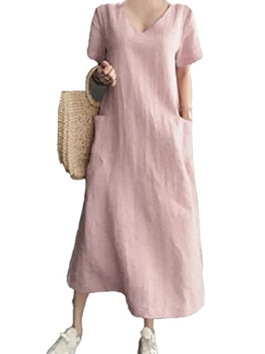 Onsoyours Damen Blumen Sommerkleid High Waist Leinen Kleid Vintage Midikleid Strandkleid Kurzarm Elegant Freizeitkleid mit Gürtel Einfarbig B Hell-Pink 3XL von Onsoyours