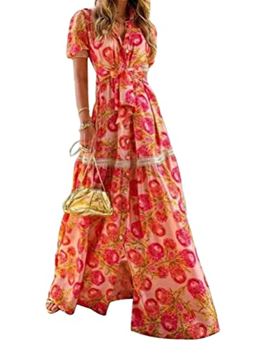 Onsoyours Damen Blumen Sommerkleid Knopf Kurzarm V-Ausschnitt Loose Kleid High Waist Maxikleid Strandkleider Polka Dots Knopfkleid Langarmkleid C Rot L von Onsoyours