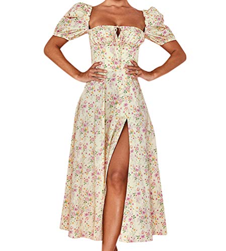 Onsoyours Damen Blumen Sommerkleid Kurzarm Blumen Lose Kleid High Waist Midi Hemdkleid Strandkleider E Gelb L von Onsoyours