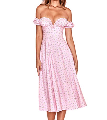 Onsoyours Damen Blumen Sommerkleid Kurzarm Blumen Lose Kleid High Waist Midi Hemdkleid Strandkleider F Rosa L von Onsoyours