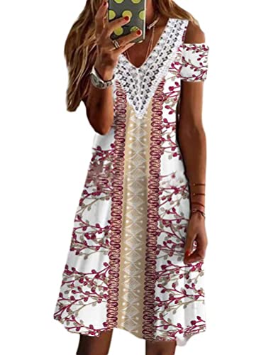 Onsoyours Damen Blumen Sommerkleider Boho Elegant V-Ausschnitt Knielang Strandkleid Casual A Linie Dating-Kleid Camisole Tops Partykleid Für Herbst Frühling A Rosa XL von Onsoyours