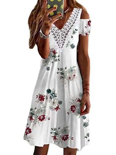 Onsoyours Damen Blumen Sommerkleider Boho Elegant V-Ausschnitt Knielang Strandkleid Casual A Linie Dating-Kleid Camisole Tops Partykleid Für Herbst Frühling A Weiß L von Onsoyours