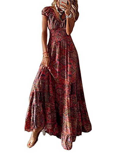 Onsoyours Damen Blumen Sommerkleider Knopf Kurzarm V-Ausschnitt Loose Kleid High Waist Maxikleid Strandkleider Polka Dots Knopfkleid Langarmkleid F Rot L von Onsoyours