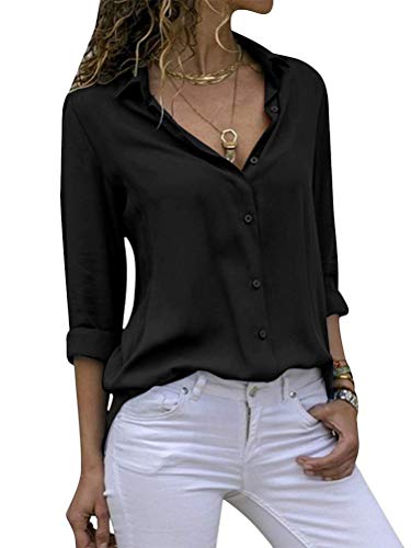 Onsoyours Damen Bluse Chiffon Elegant Langarm Oberteile Einfarbig V-Ausschnitt Lose Hemdbluse T-Shirt Tops E Schwarz 34 von Onsoyours