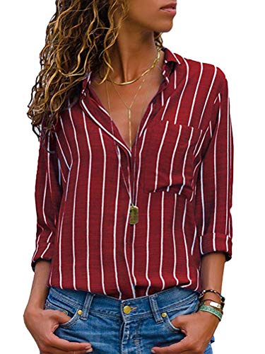 Onsoyours Damen Bluse Chiffon Elegant V-Ausschnitt Langarm Casual Oberteile Hemd Button Down Shirts Gestreift Damen Hemd Oberteile C Weinrot 44(2XL) von Onsoyours
