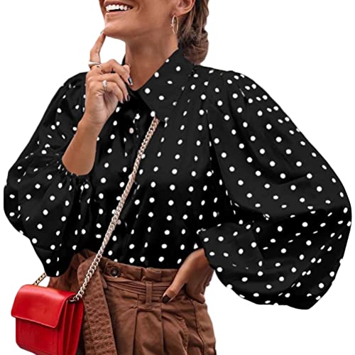 Onsoyours Damen Bluse Chiffon Elegant V-Ausschnitt Polka-Dots Langarm Casual Oberteile Hemd Lose Langarmshirt Tops Schwarz L von Onsoyours