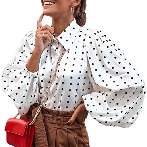 Onsoyours Damen Bluse Chiffon Elegant V-Ausschnitt Polka-Dots Langarm Casual Oberteile Hemd Lose Langarmshirt Tops Weiß L von Onsoyours