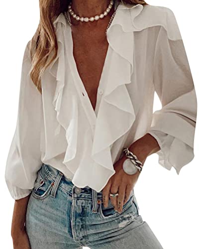 Onsoyours Damen Bluse Langarm Blusenshirt Chiffon Hemd V-Ausschnitt Floral Elegant Hemd Casual Oberteile Tops mit Rüschen Business Tunika T-Shirt Weiß XL von Onsoyours