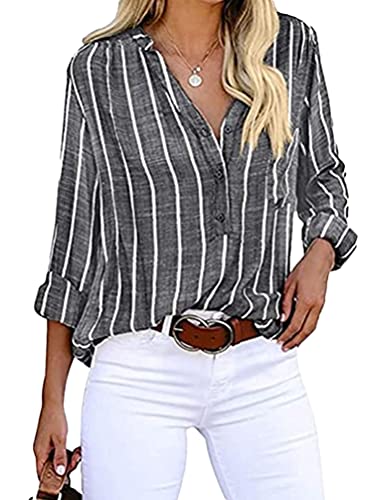 Onsoyours Damen Bluse Langarm Streifen Oberteile Casual Langarmshirt Tops Lose Baumwolle Tunika Hemd V-Ausschnitt T Shirt Hemdbluse Dunkelgrau S von Onsoyours