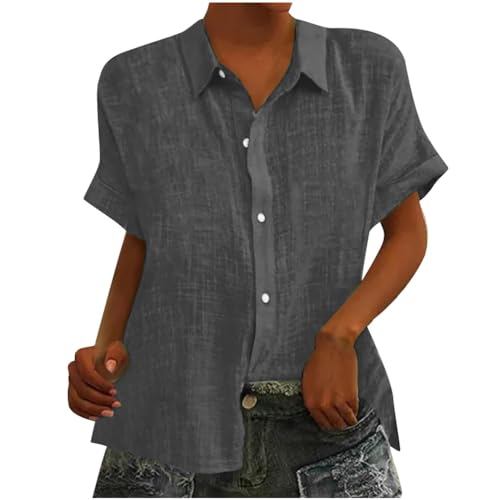 Onsoyours Damen Bluse Sommer Elegant Baumwolle Leinen Hemd Kurzarm Oberteile V-Ausschnitt Button-Down Musselin Bluse Damen Casual Hemdbluse Basic Revers Shirts Tunika Tops A Dunkelgrau XL von Onsoyours