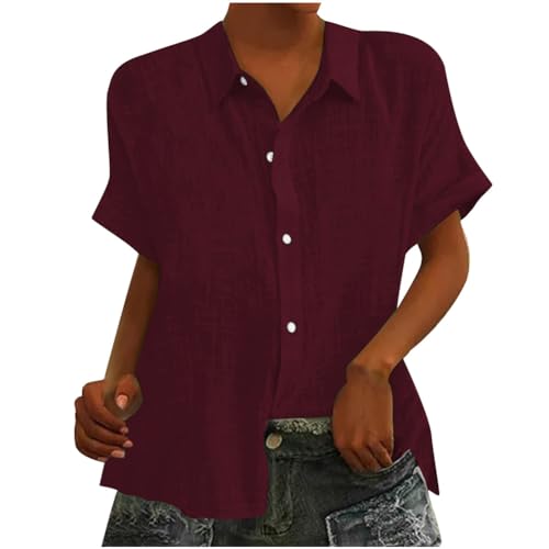 Onsoyours Damen Bluse Sommer Elegant Baumwolle Leinen Hemd Kurzarm Oberteile V-Ausschnitt Button-Down Musselin Bluse Damen Casual Hemdbluse Basic Revers Shirts Tunika Tops A Weinrot S von Onsoyours