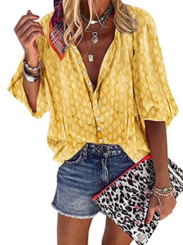 Onsoyours Damen Bluse Sommer Shirt Knopfleiste Hemdbluse Solide Lose Hemd Tops Frauen Elegant V-Ausschnitt Langarm Casual Oberteile A Gelb M von Onsoyours