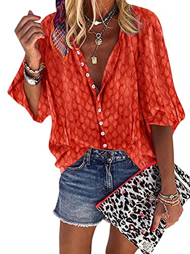 Onsoyours Damen Bluse Sommer Shirt Knopfleiste Hemdbluse Solide Lose Hemd Tops Frauen Elegant V-Ausschnitt Langarm Casual Oberteile A Orange XXL von Onsoyours