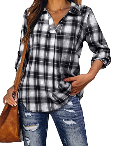 Onsoyours Damen Bluse V-Ausschnitt Kariert Hemd Elegant 3/4 Ärmel Tunika Tops Longshirt Oberteile T-Shirt A Schwarz XS von Onsoyours