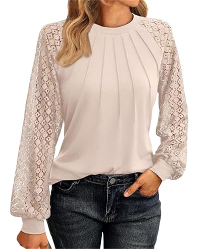 Onsoyours Damen Blusen mit Rundhalsausschnitt überbackener Spitze Lange Spitzenärmel Gebänderte Manschetten Schickes Elegantes Hemd Langarm Shirts Falten Tunika Top A Aprikose XS von Onsoyours