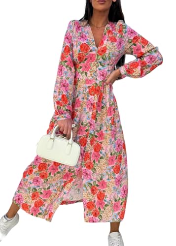 Onsoyours Damen Blusenkleid Elegant Lang Langarm Kleider Druck Strandkleid Mit Knopf Leicht Wickelkleid Boho V-Ausschnitt Hohe Taille Freizeitkleider A-Linie Blumen Sommerkleid A01 Rot M von Onsoyours