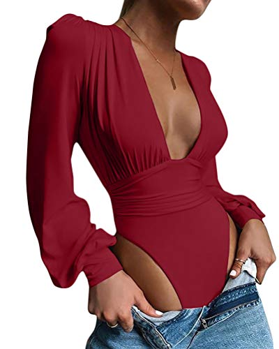 Onsoyours Damen Bodys Elegant Wrap Bodies Tiefem V-Ausschnitt Mesh-Langarm Bodysuit Tops mit Laternenärmeln Einfarbig Oberteil Langarmshirt A Weinrot L von Onsoyours