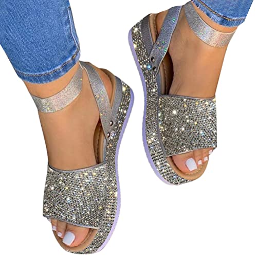 Onsoyours Damen Bohemian Sandalen Plateausandalen Funkelnder Glitzer Keilabsatz Runde Zehe PU Knöchelriemen Einfarbig A Silber 38 EU von Onsoyours