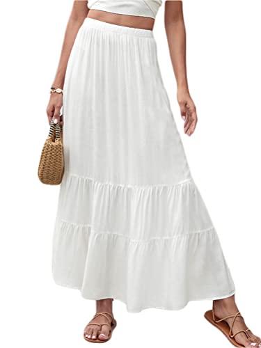 Onsoyours Damen Boho Baumwolle Sommerrock Flowy Maxi Langer Rock Elastische Taille Unifarben Strandrock Rüsche Rock A Weiß M von Onsoyours