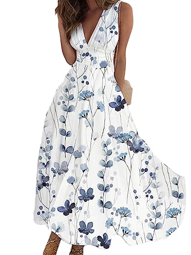 Onsoyours Damen Boho Casual V-Ausschnitt Kleid Bedrucktes Freizeitkleid Vintage Elegant Sommerkleid Strandkleid Maxikleid Swing Dress Sommer B Blau M von Onsoyours