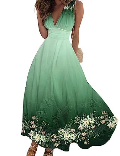 Onsoyours Damen Boho Casual V-Ausschnitt Kleid Bedrucktes Freizeitkleid Vintage Elegant Sommerkleid Strandkleid Maxikleid Swing Dress Sommer C1 Grün M von Onsoyours