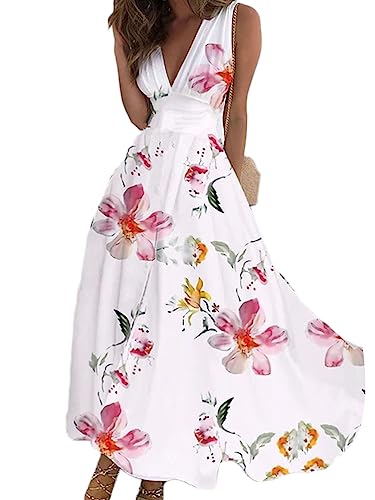 Onsoyours Damen Boho Casual V-Ausschnitt Kleid Bedrucktes Freizeitkleid Vintage Elegant Sommerkleid Strandkleid Maxikleid Swing Dress Sommer C12 Rosa 3XL von Onsoyours