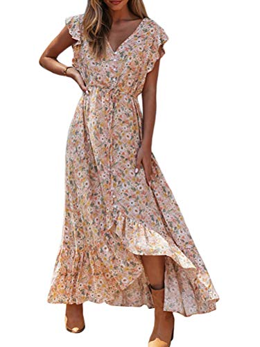 Onsoyours Damen Boho Casual V-Ausschnitt Kleid Mit Gürtel Bedrucktes Einreihiges Freizeitkleid Vintage Elegant Sommerkleid Strandkleid Maxikleid (36, Aprikose) von Onsoyours