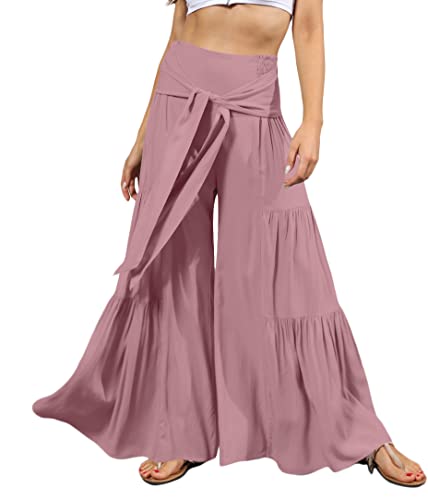 Onsoyours Damen Boho Einfarbige Chiffon Strandhose Sommerhose Elegant High Waist Locker Flare Palazzo Lang Weite Hose mit Gürtel A Rosa S von Onsoyours