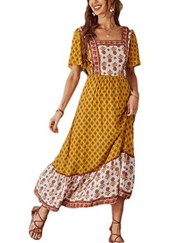Onsoyours Damen Boho Kleider Sommerkleider Elegant Kurzarm V-Ausschnitt Maxikleider Cocktailkleid Partykleid A-Linie Böhmisch Kleid A Gelb XL von Onsoyours