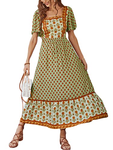 Onsoyours Damen Boho Kleider Sommerkleider Elegant Kurzarm V-Ausschnitt Maxikleider Cocktailkleid Partykleid A-Linie Böhmisch Kleid A Grün XL von Onsoyours