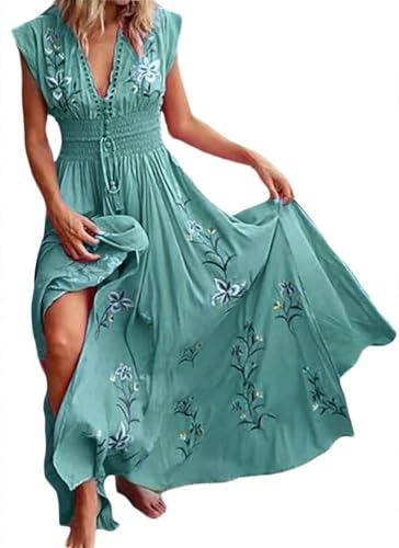 Onsoyours Damen Boho Lange Kleid Mit Gürtel Chiffon Sommerkleid Elegant Partykleid V-Ausschnitt Maxikleid Blumenkleid Abendkleid Rüschen Strandkleid Cocktailkleid 04 Grün 42 von Onsoyours