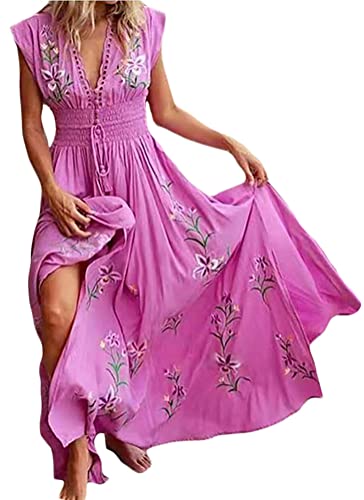 Onsoyours Damen Boho Lange Kleid Mit Gürtel Chiffon Sommerkleid Partykleid Elegant V-Ausschnitt Maxikleid Blumenkleid Abendkleid Rüschen Strandkleid Cocktailkleid 04 Rose Rot 42 von Onsoyours