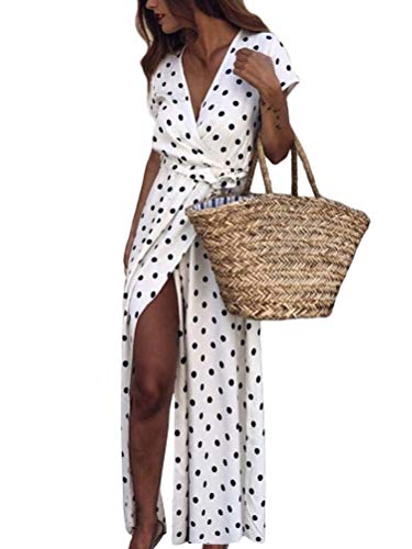 Onsoyours Damen Boho Lange Kleider V-Ausschnitt Sommerkleider Kurzarm Wickelkleid Maxikleid Strandkleid mit Schlitz Weiß S von Onsoyours