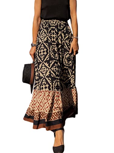 Onsoyours Damen Boho Rock Eleganter Elastischer Bund Langer Maxirock Sommerrock Retro Langer Freizeitrock Strandrock B Schwarz L von Onsoyours