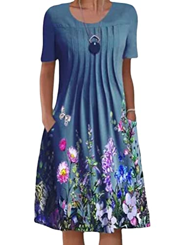 Onsoyours Damen Boho Sommerkleid Kurzarm Rundhals Knielang Blumenmuster Partykleid mit Taschen B Blau L von Onsoyours